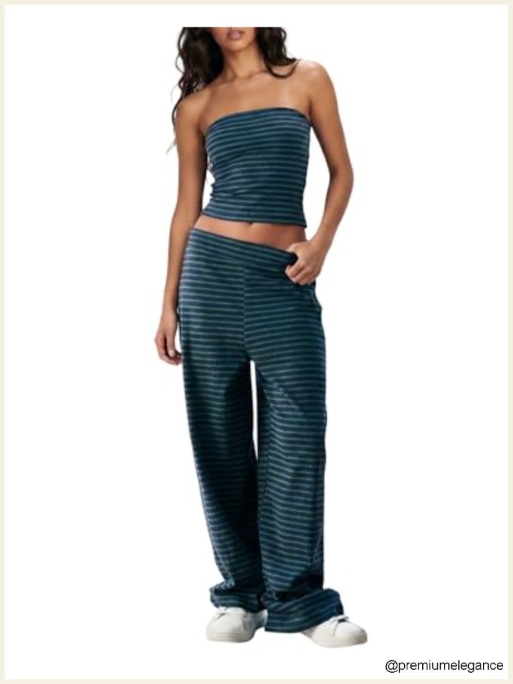 Women's Knit Lounge Set Strapless Crop Top Wide Leg Pants 2 Piece Vacation